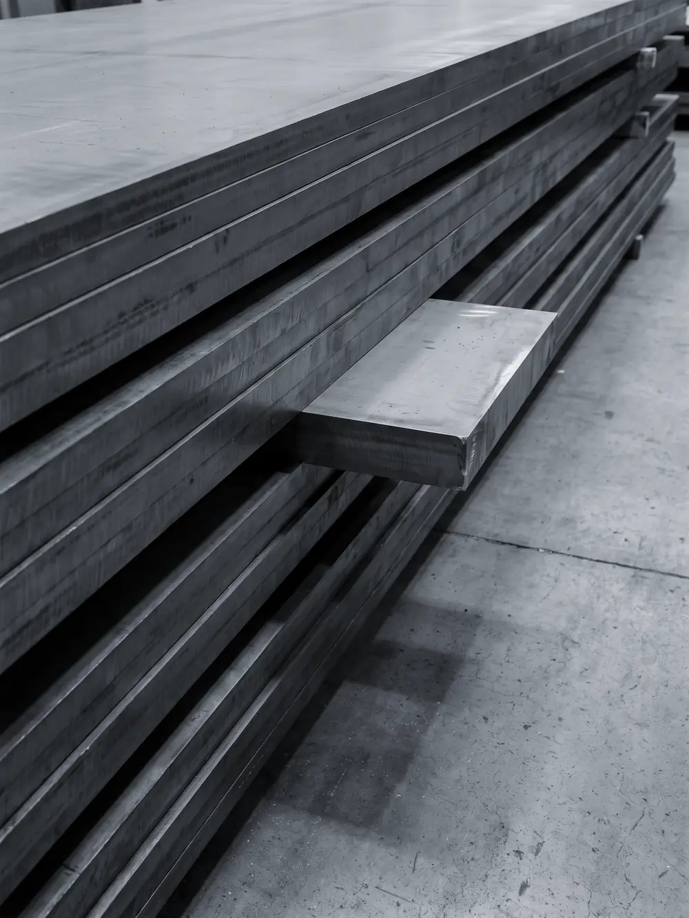 A stack of machined steel plates seen along their edges, one plate in the
          middle pushed out past the rest.